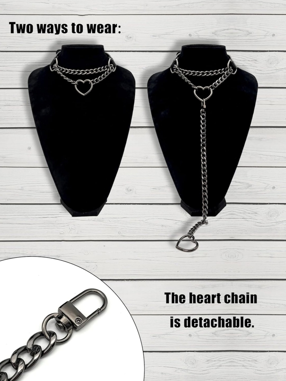 Heart Chain Leather Collar - Black Metal Heart Leash View 3